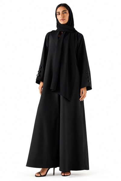 Azria Fashion عباءة نسائية سوداء بياقة مدببة مع حجاب