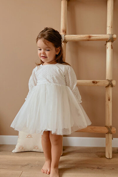Le Mabelle White Scallop Blouse and Tulle Skirt Long Sleeve Girl's Dress - Me...