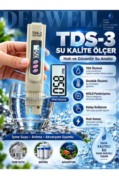 Derwell Dijital Tds Metre Su Kalitesi +sıcaklığı Ölçüm Cihazı-su Termometresi...