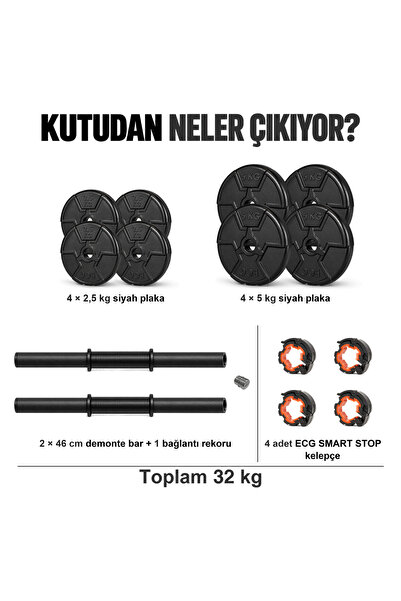 ECG 32 Kg Multifonksiyonel Birleştirilebilir Halter Seti Ve Dambıl Seti Ağırlık Fitness Seti