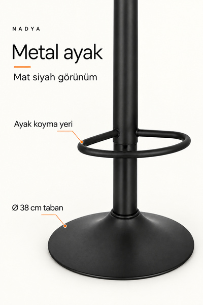 Bürocci Nadya Bar Sandalyesi Gri Suni Deri Mat Siyah Ayaklı 360° Döner Yükseklik Ayarlı Bar Taburesi
