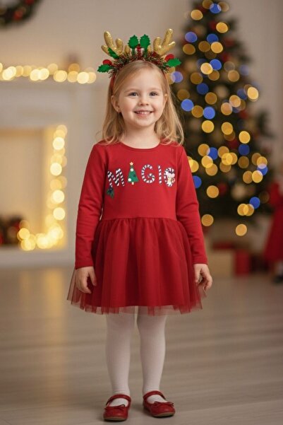 Le Mabelle Rotes, weihnachtlich inspiriertes Magic Motto Langarm-Mädchenkleid...