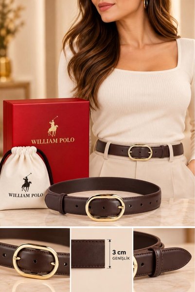 WİLLİAMPOLO Asian Genuine Leather Gold Buckle Brown Women's Belt
