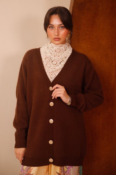 Balenbi Women's V-Neck Bronze Buttoned Bearded Knitwear Cardigan 1142 Brown