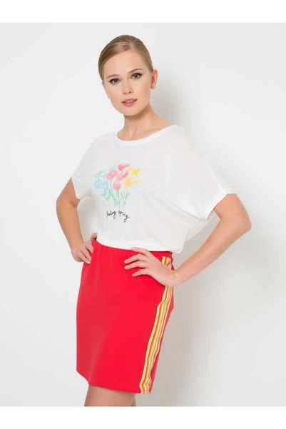 Roman Şeritli Mini Etek Mercan Y1525010_030