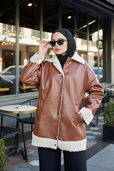 Neva Style Kürk Detaylı Taba Tesettür Deri Ceket 9310TB