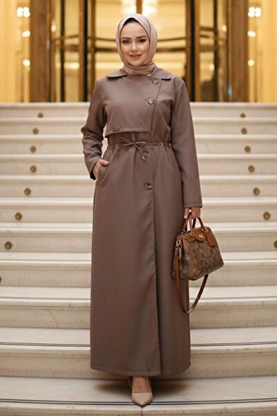 N.S NEVA STYLE Buttoned Mink Hijab Trench Coat 684V
