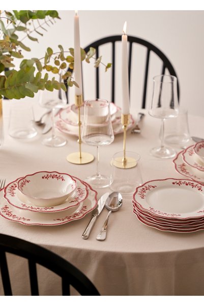 Bella Maison Catherine New Bone Porselen 24 Parça 6 Kişilik Yemek Takımı Kırmızı