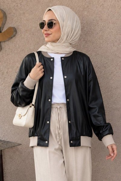 Neva Style Geknöpfte schwarze Hijab-Lederjacke 9264S