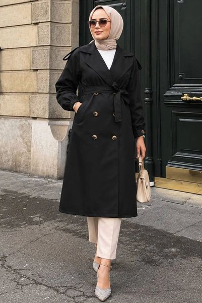 Neva Style Belted Black Hijab Trench Coat 60500S