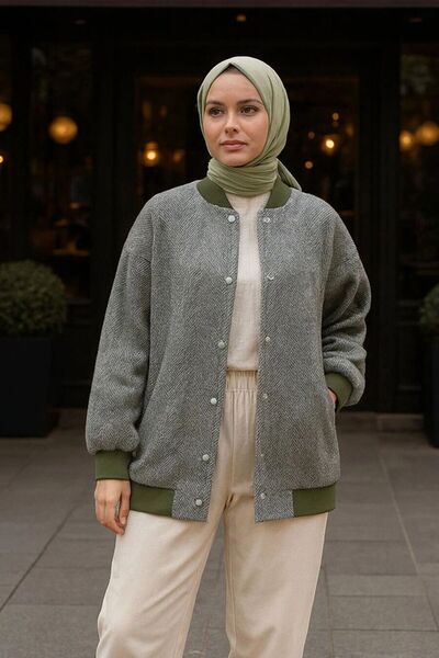 Neva Style Düğmeli Haki Tesettür Bomber Ceket 9263HK