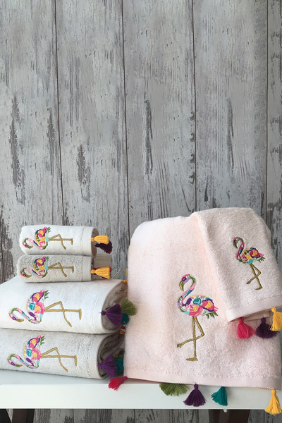 MARİBOR FLAMINGO - %70 Bambu / %30 Pamuk Nakışlı El Havlusu - 6'lı Set 50x90