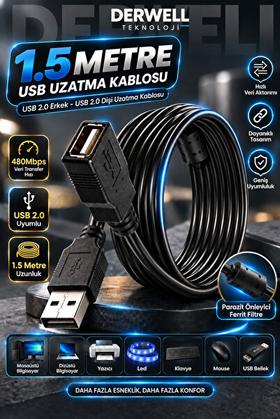 Derwell 1.5 Metre USB 2.0 Uzatma Kablosu Dişi Erkek Yüksek Hızlı Veri Aktarım...
