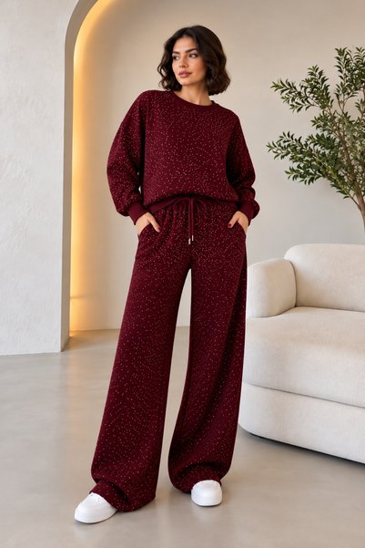 Selin Damla Kadın Bordo Taşlı Bol Paça Modal Kumaş İkili Takım