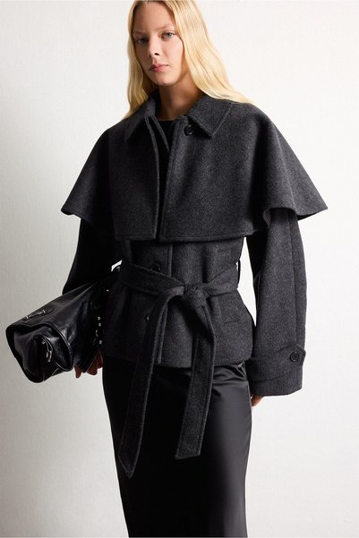 DeFacto Cape Detailed Belted Regular Fit Cashmere Coat H8599Ax26Wn