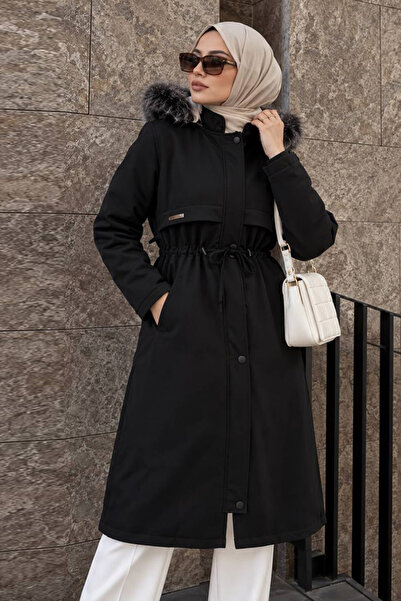 N.S NEVA STYLE Schwarzer Hijab-Parka mit Fellkapuze 60650S