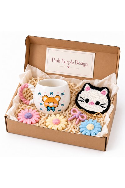 Pink&Purple Desing Hediye Seti – Kupa, Anahtarlık ve Bardak Altlığı