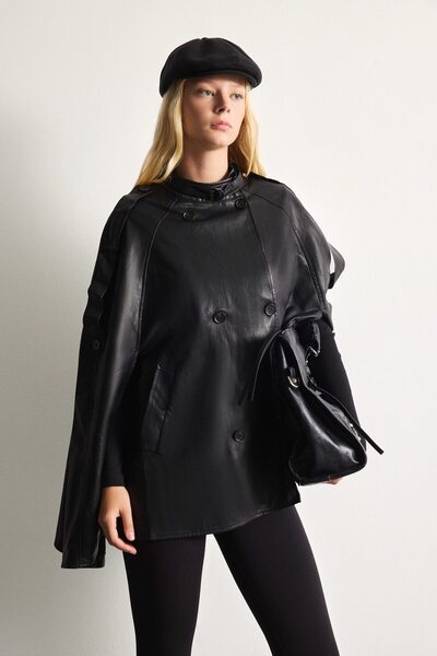 DeFacto Leather Look A-Line Turtleneck Double-Breasted Buttoned Cape Coat I24...