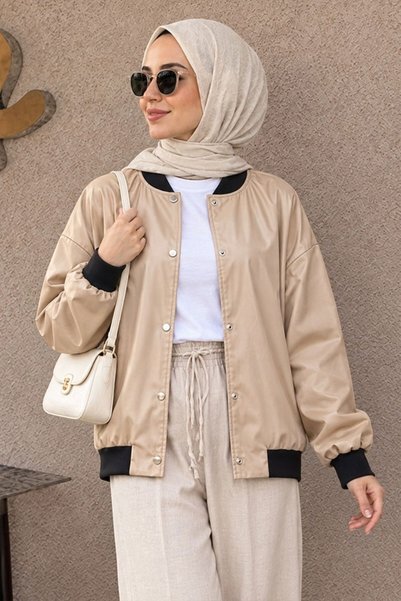 Neva Style Buttoned Beige Hijab Leather Jacket 9264BEIGE