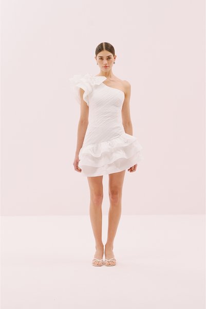 Roman Tek Omuz Tafta Mini Elbise Beyaz Y2511526_002