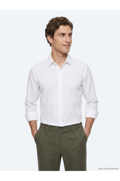 Kip Beyaz Regular Fit Uzun Dokuma Casual %100 Pamuk Gömlek