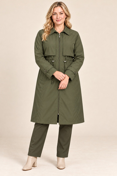 hazelin Women's Plus Size Khaki Zippered Collared Waist Gathered Pocket Trenc...