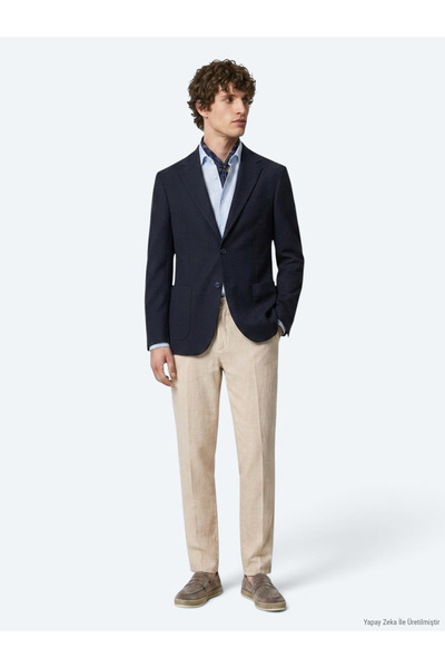 Kip Navy Blue Checkered Modern Fit Cotton Blend Knitted Jacket