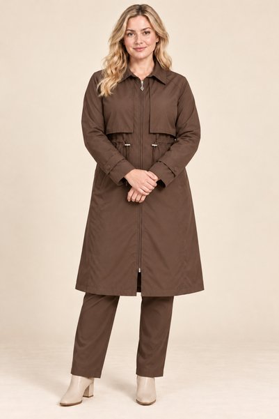 hazelin Women's Plus Size Brown Zippered Collared Waist Drawstring Pocket Tre...