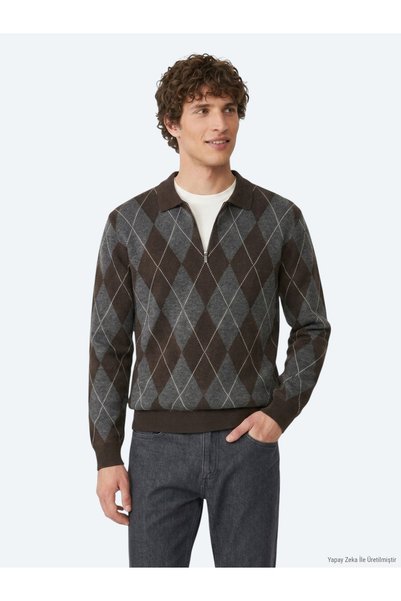 Kip Brown Polo Collar Baklava Cotton Blend Knit Sweater