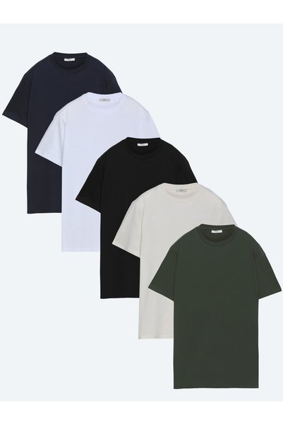Kip Çok Renkli 5'li Düz %100 Pamuk T-Shirt