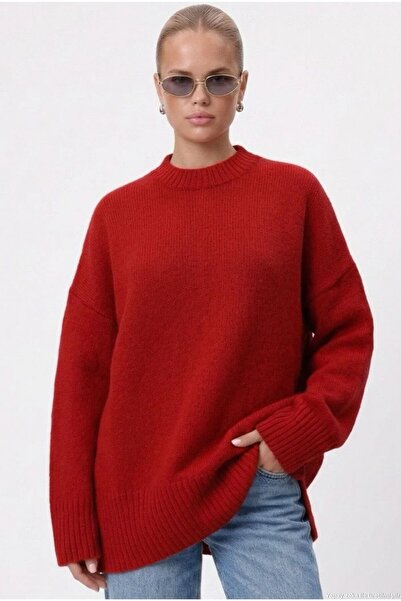 Ritnice Women's Homy Soft Crew Neck Red Striped Oversized Knitwear Sweater