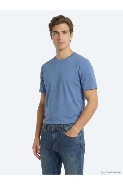 Kip İndigo Düz %100 Pamuk T-Shirt