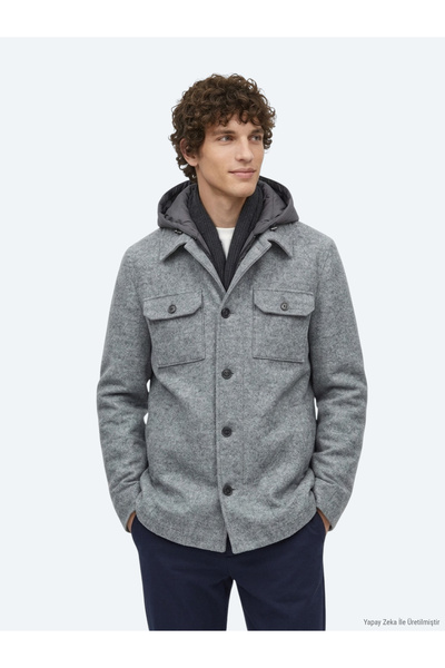 Kip Gri Regular Fit Kapüşonlu Smart Casual Dokuma Mont