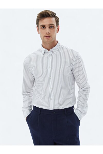 Kip Navy Blue Striped Regular Fit Long Casual Cotton Blend Shirt