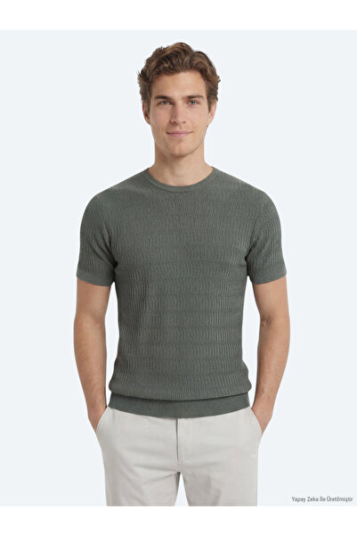 Kip Khaki Crew Neck Patterned Knitwear