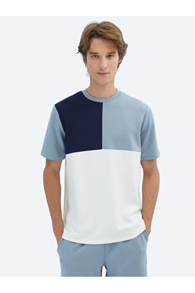 Kip Mavi Düz Bisiklet Yaka T-Shirt