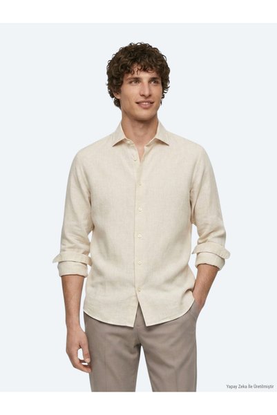 Kip Beige Regular Fit Long Woven Casual Cotton Blend Shirt