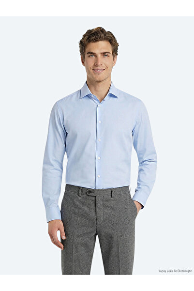 Kip Açık Mavi Düz Slim Fit Uzun Dokuma Klasik Pamuk Karışımlı Gömlek