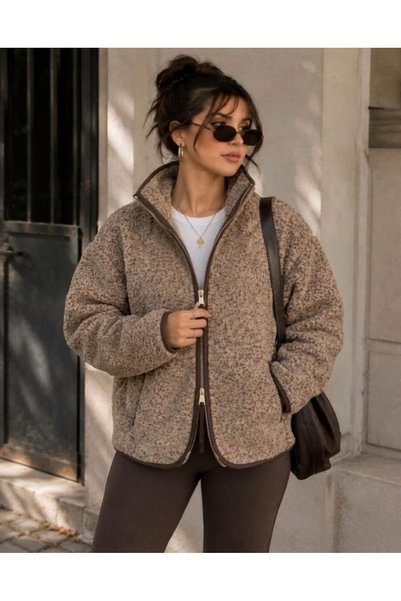 BUTİK TUANA Kadın Kahverengi Polar Ceket Çift Fermuarlı Dik Yaka Oversize Mev...