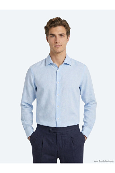 Kip Mavi Regular Fit Uzun Dokuma Casual Pamuk Karışımlı Gömlek