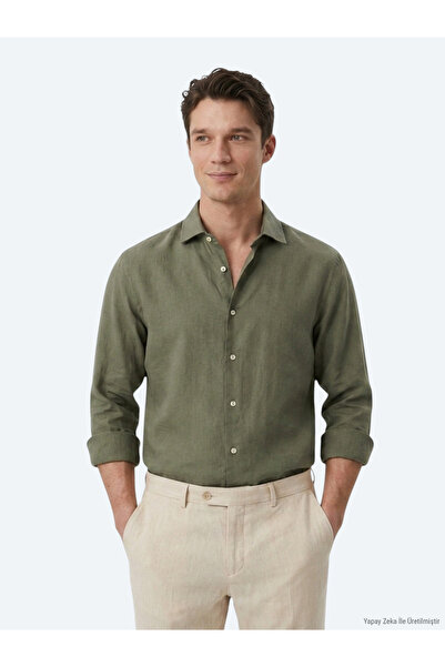 Kip Khaki Regular Fit Long Woven Casual Cotton Blend Shirt