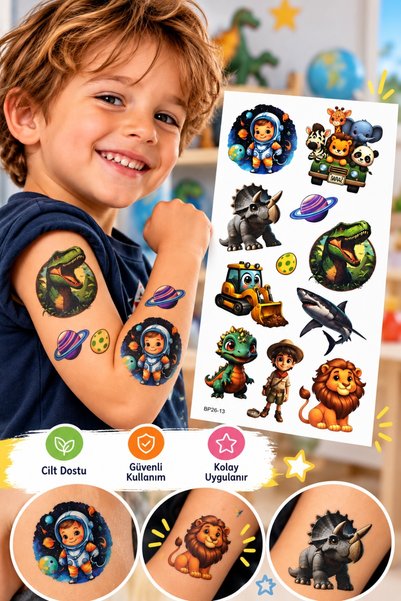 BP Tattoo Kamyon, Safari ve Dinozor Temalı Rengarenk Çocuk Dövmesi