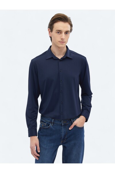 Kip Navy Blue Plain Regular Fit Long Casual Shirt