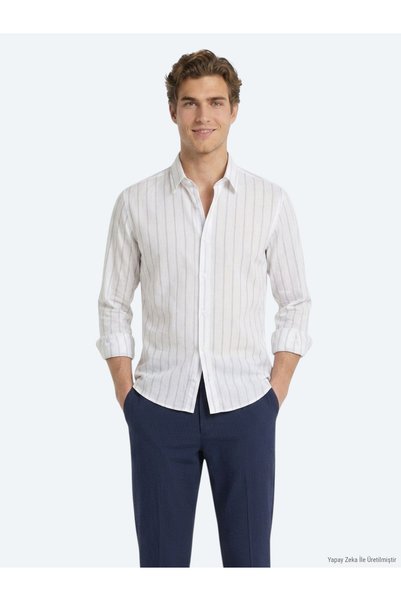Kip Light Blue Striped Regular Fit Long Woven Casual Cotton Blend Shirt