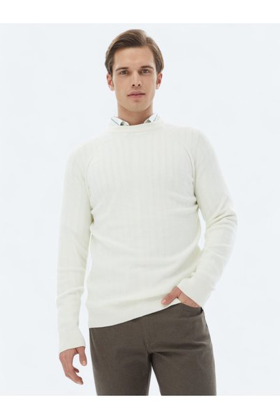 Kip Ecru Crew Neck Patterned Knitwear Sweater