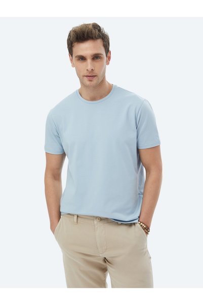 Kip Mavi Düz Bisiklet Yaka Pamuk Karışımlı T-Shirt