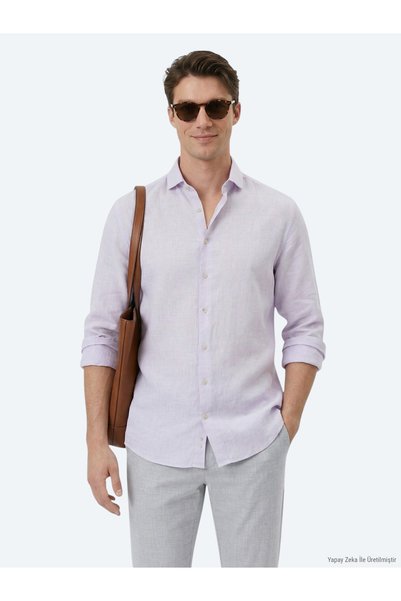 Kip Lila Düz Regular Fit Uzun Dokuma Casual Pamuk Karışımlı Gömlek
