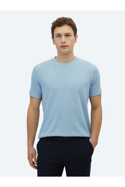 Kip Mavi Düz Bisiklet Yaka Pamuk Karışımlı T-Shirt