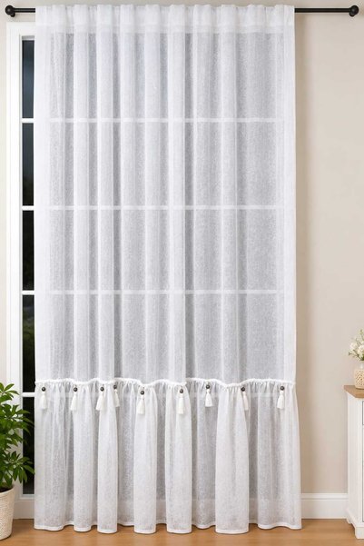 ZEDAYOR NATURAL Cotton Linen Tasseled Sheer Curtain WITH RUFFLE DETAIL AT THE HEM.