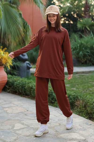 TOFİSA Straight Crew Neck Women's Brown Tracksuit Set - 13010